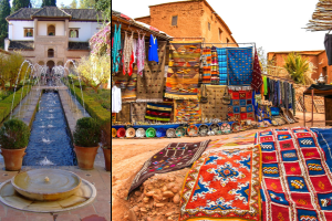 两张照片的拼贴，左边是摩洛哥的一个市场，右边是格拉纳达的阿尔罕布拉宫